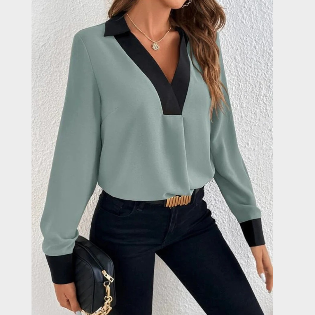Women’s V-Neck Blouse – Contrast Trim Long Sleeve Top – Lightweight Breathable Fit – Soft Fabric Blend – Multiple Colours