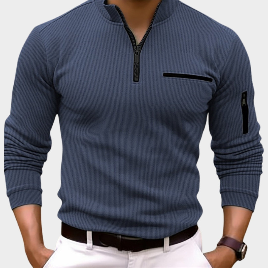 Men's Long Sleeve Polo Shirt - Striped Zipper Casual Sports Style, Khaki, Grey, Army Green, Dark Blue
