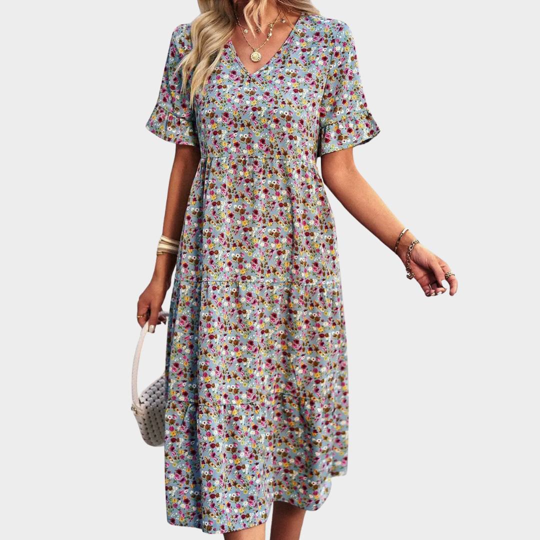 Women's Floral V-Neck A-Line Dress – Short Sleeve – High Waist – Lightweight Printed Fabric – Multiple Colours