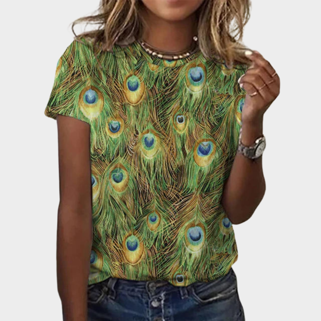 Women’s 3D Peacock Feather Print T-Shirt – Round Neck Casual Short Sleeve Graphic Tee – Lightweight Relaxed Fit – Multiple Colours