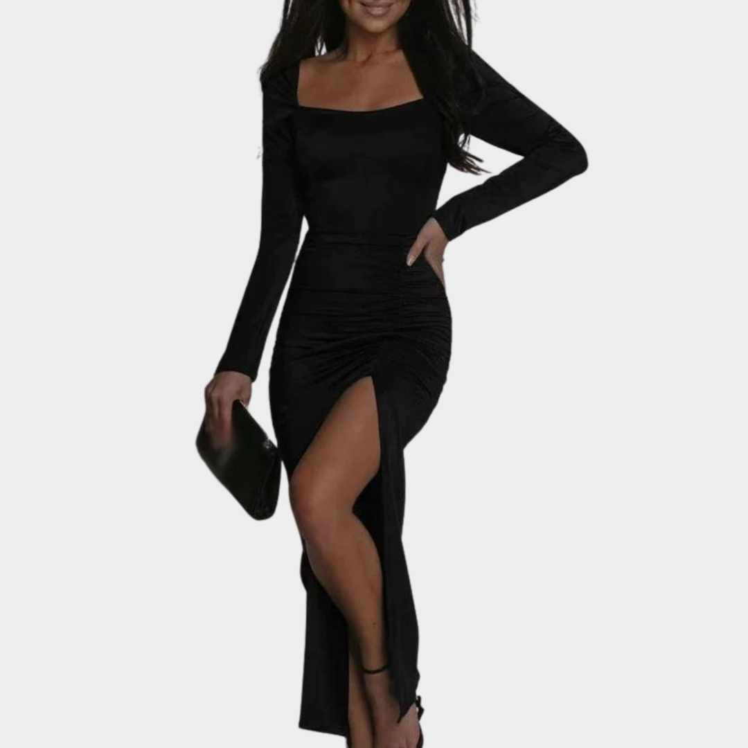 Women's Elegant Long Dress – Square Neck – Lace-Up Back – Slim Fit – Split Hem – Multiple Colours