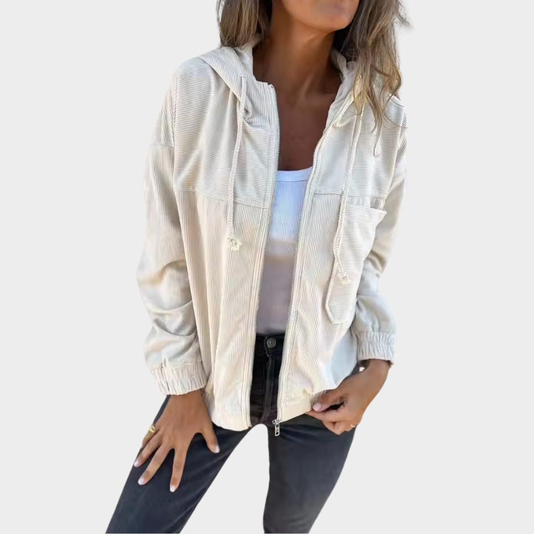 Women's Corduroy Hooded Jacket – Long Sleeve – Casual Zip-Up – Multiple Colours