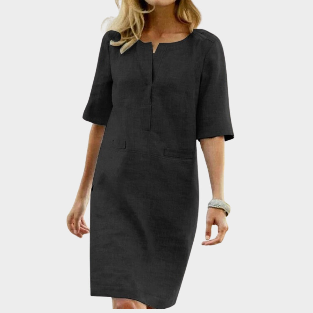 Women's Knee-Length Cotton Dress – Round Neck – Half Sleeve – Loose Fit – Multiple Colours