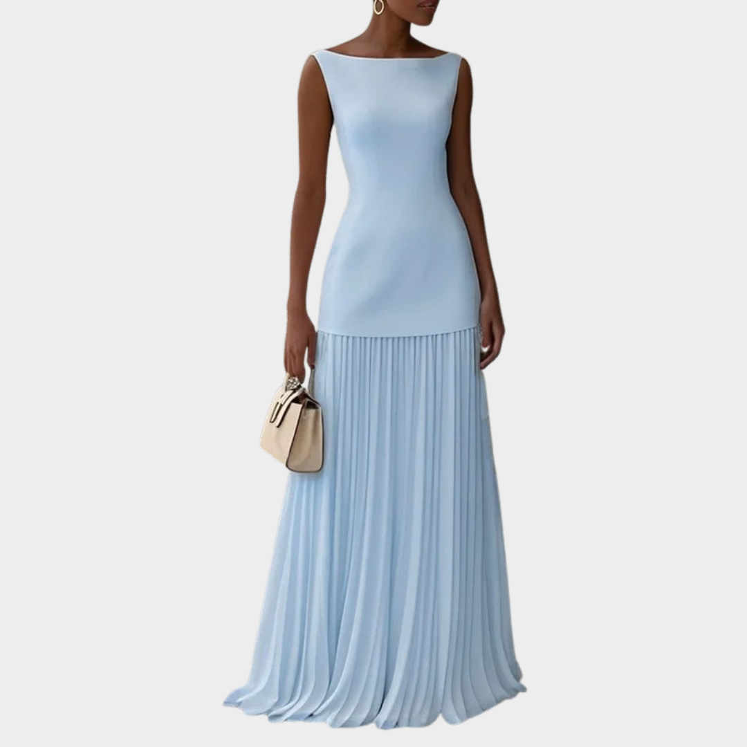 Women’s Sleeveless Maxi Dress – Elegant Pleated Full-Length Gown – Structured Bodice – Flowing Skirt – Multiple Colours