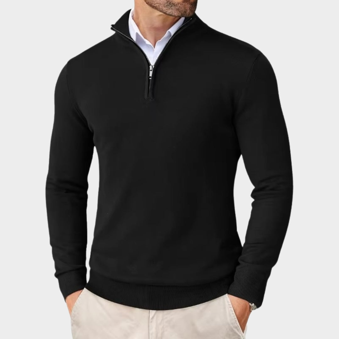 Men's Quarter Zip Sweater – Lightweight Slim Fit Knit Pullover, Half Turtleneck Stand-Up Collar (Beige, Black, Navy Blue)