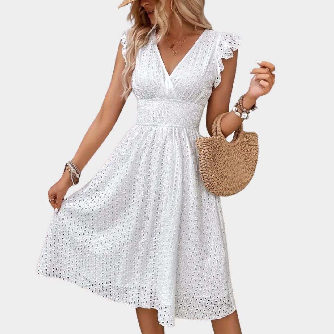 Women's Elegant Dress – Lotus Leaf Sleeve – Casual & Commuting – Fashionable Design – Soft Fabric – White