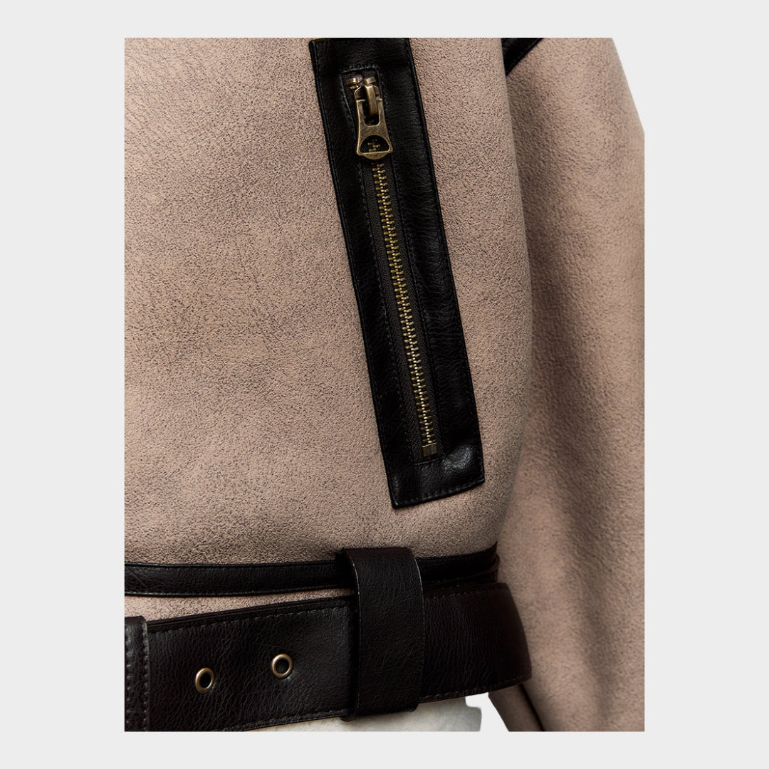 Women’s Retro Faux Leather Short Coat – Loose Fit, Soft Fur Lining, Zipper Belt Jacket (Khaki)