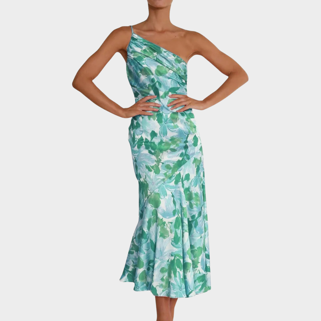 Women’s Oblique Shoulder Midi Dress – Floral Pleated Fit with Backless Spaghetti Strap Design – Lightweight Drape – Multiple Colours