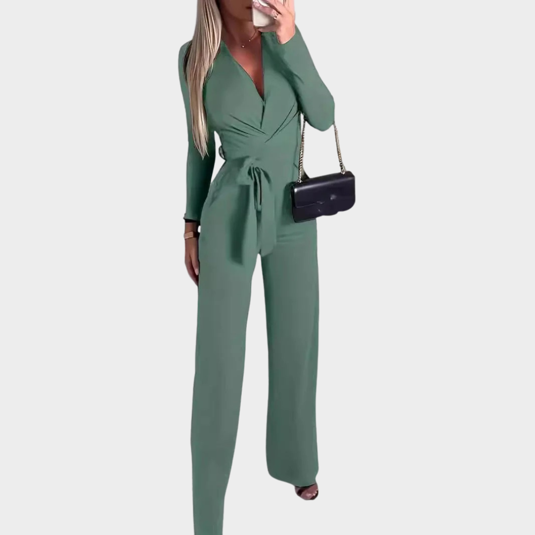 Women’s Long Sleeve Jumpsuit – V-Neck Slim Fit – Lace-Up Waist – Full-Length Pants – Soft Stretch Fabric – Multiple Colours