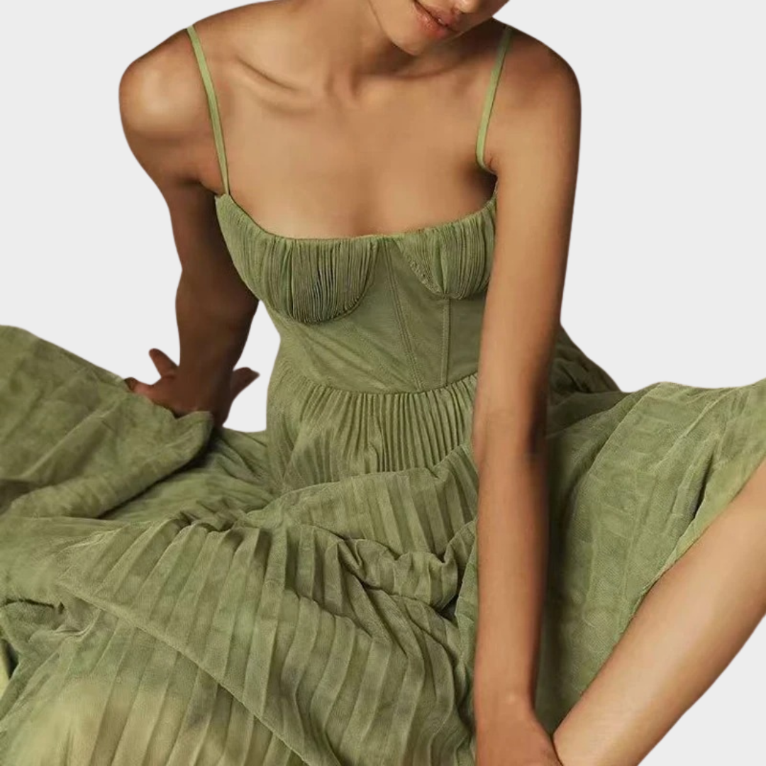 Women’s Strapless A-Line Long Dress – Pleated Zip-Back Fit with Hollow Detail – Lightweight Sleeveless Polyester – Green