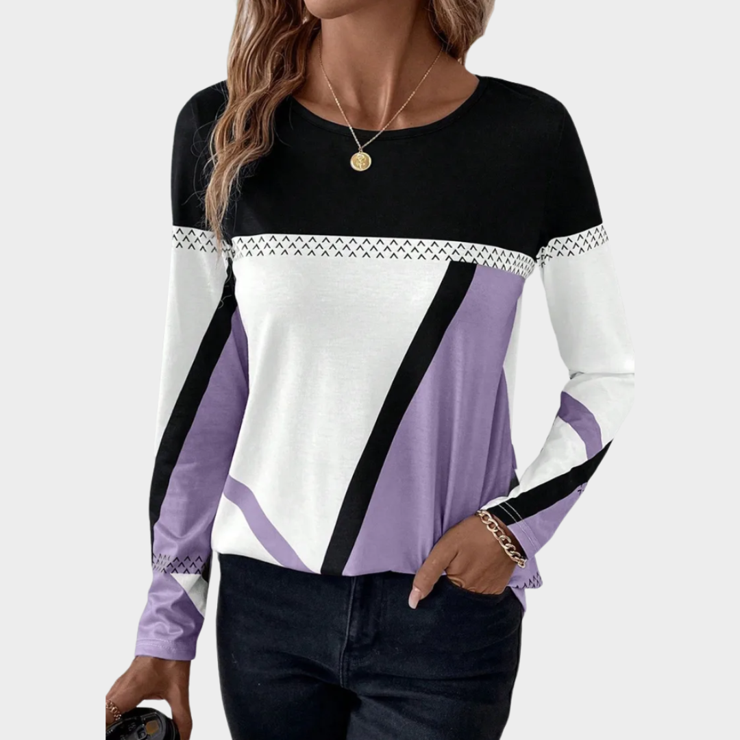 Women's Long Sleeve T-Shirt – Round Neck – Geometric Print – Contrasting Colors – Soft & Comfortable – Multiple Colours