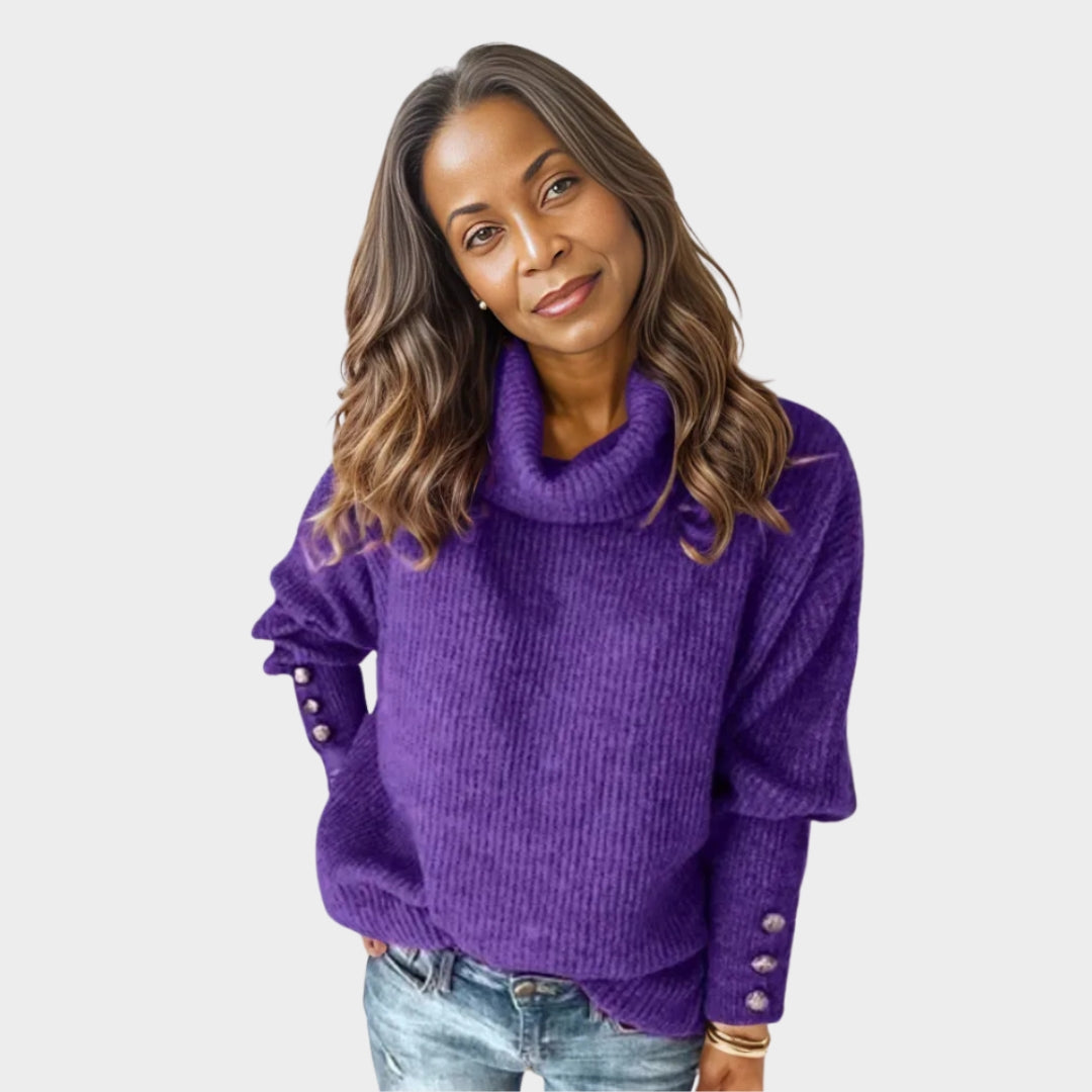 Oversized Women’s Vintage Turtleneck Sweater – Metal Buttons, Loose Knit, Long Sleeves, Grey, Pink, Blue