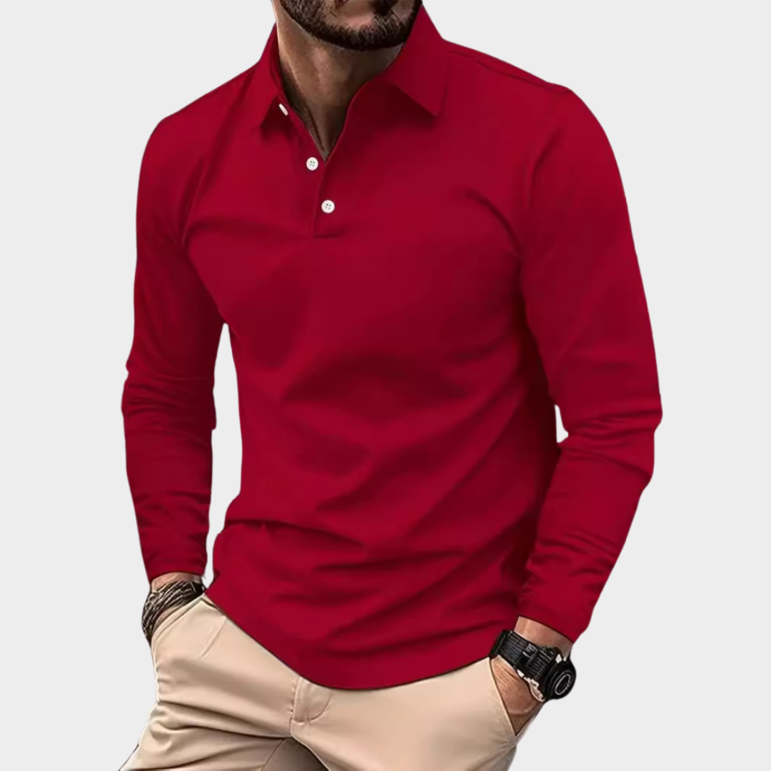 Men's Long-Sleeve Polo Shirt - Solid Color - Casual Fit - Breathable Fabric - Multiple Colours