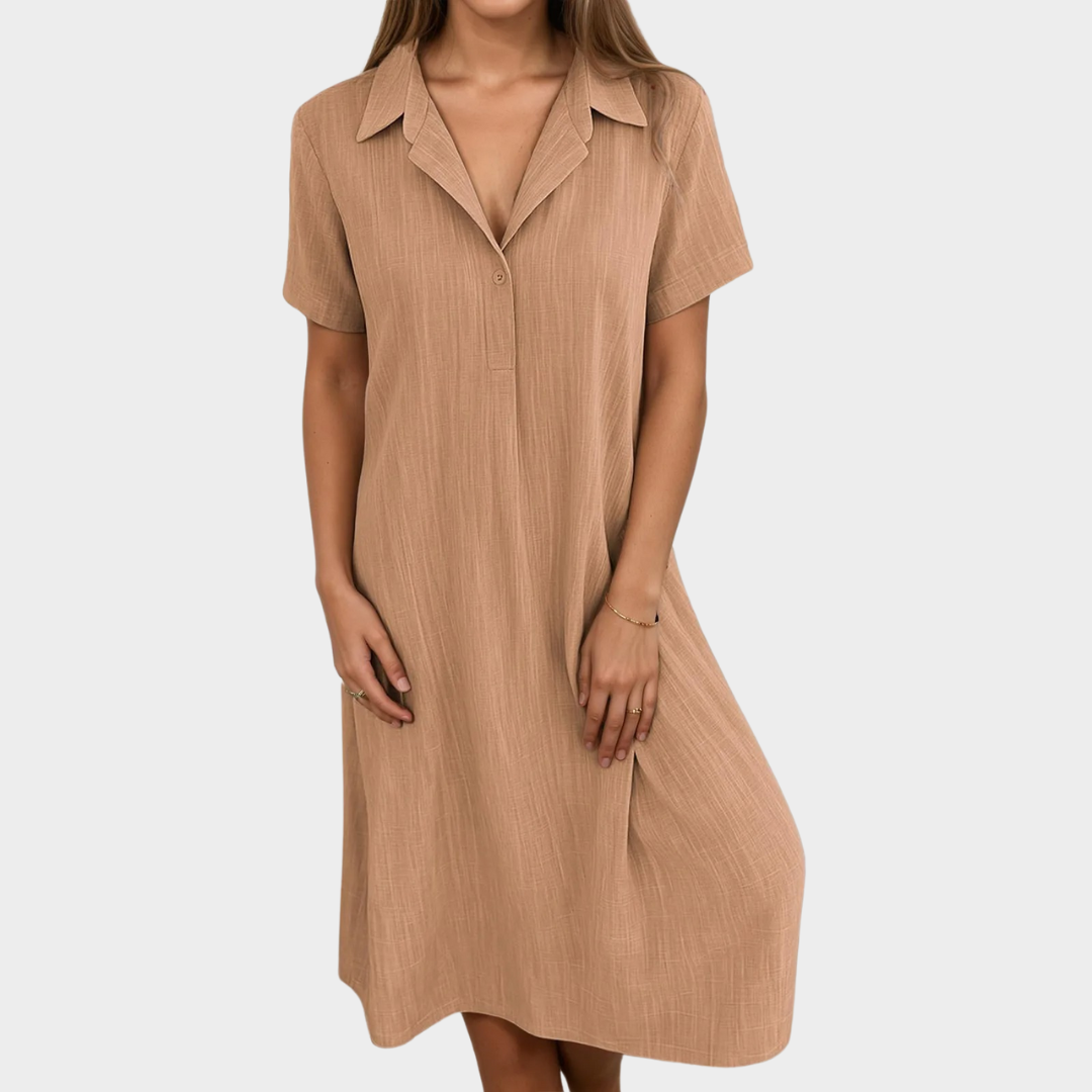 Women's Solid V-Neck Shirt Dress – Short Sleeve Button Detail – Loose Pullover Fit – Cotton-Polyester Blend – Multiple Colours