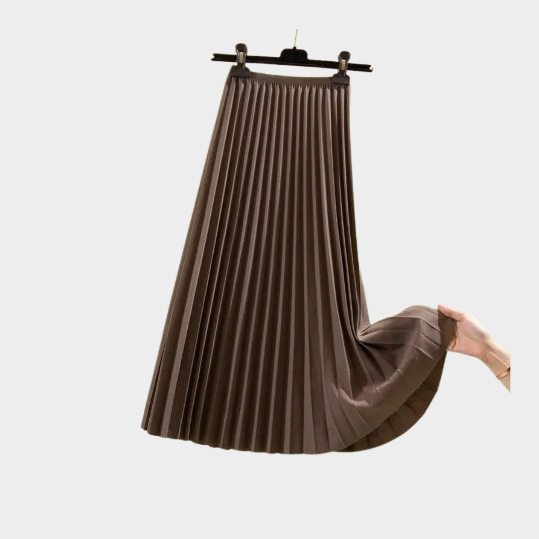 Women’s High Waist Pleated A-Line Skirt - Versatile Swing Skirt, Mid-Length, Black, Beige, Dark Brown