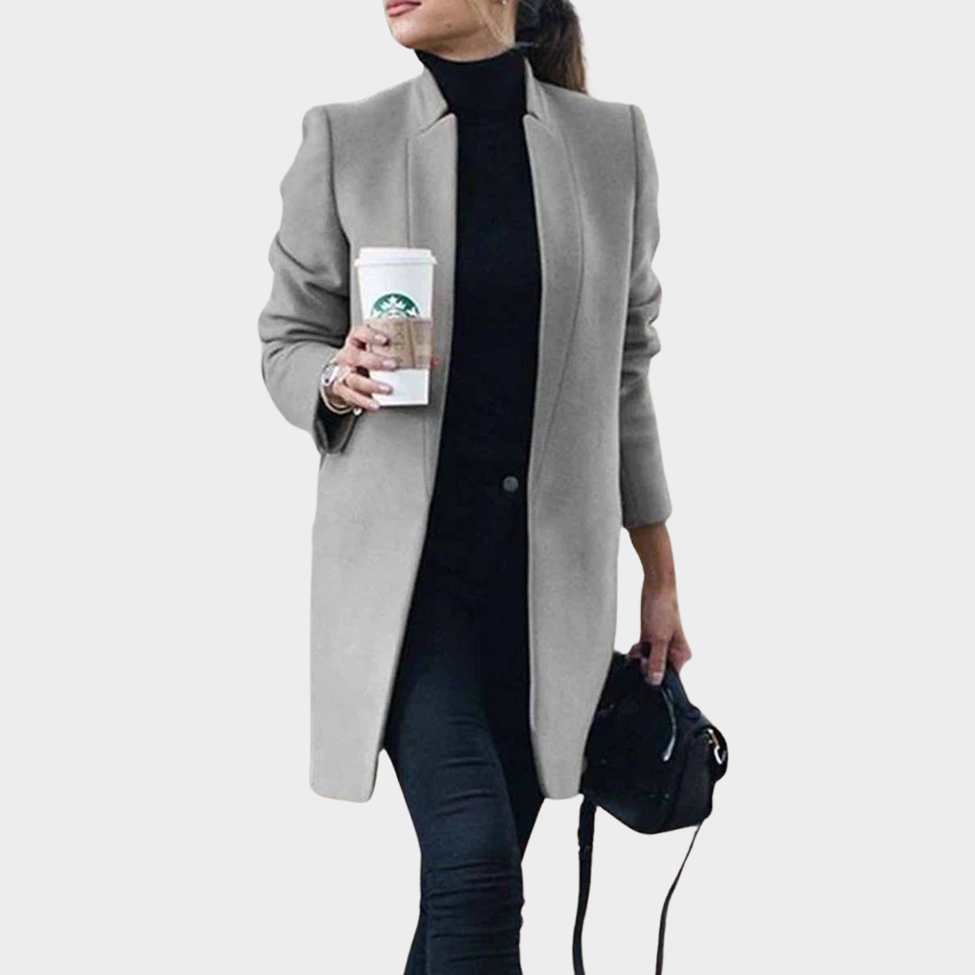 Women's Woolen Coat – Mid-Length Overcoat – Stand Collar – Slim Fit – Elegant Design – Multiple Colours