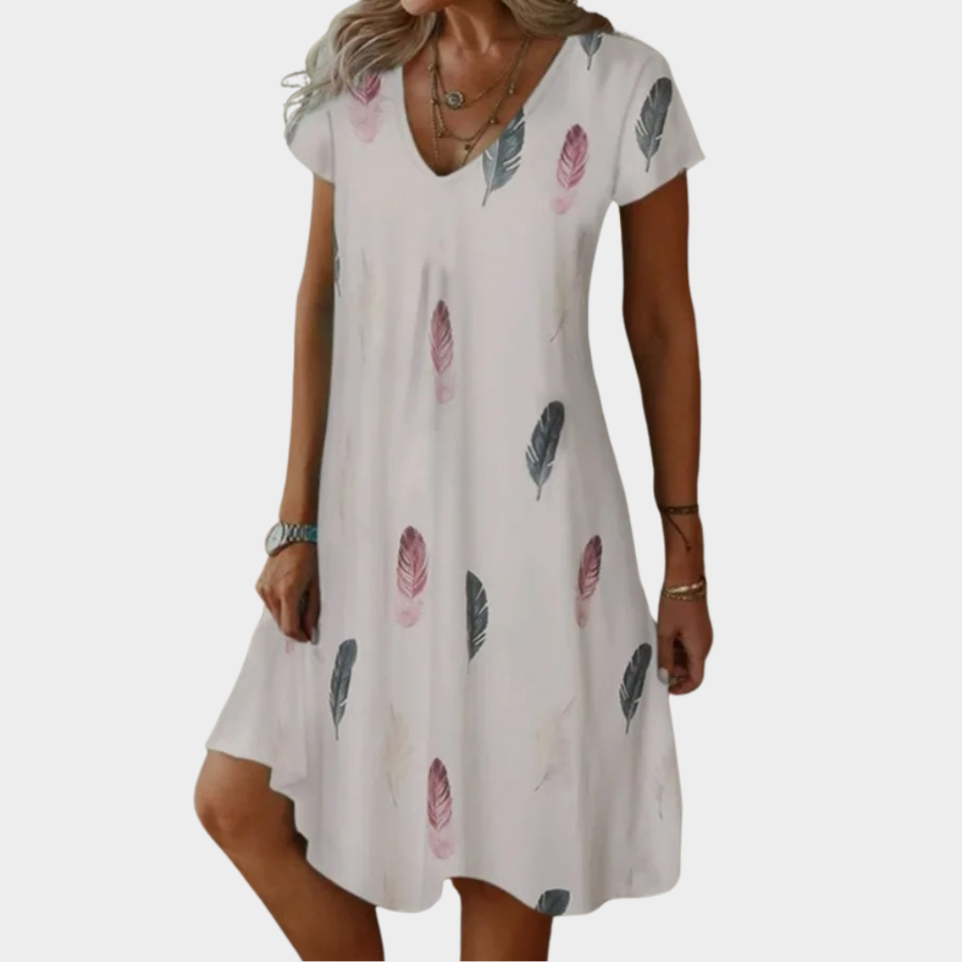 Women’s Casual Swing Dress – V-Neck Printed Midi Dress – Lightweight Fit – Cotton-Poly Blend – Relaxed Silhouette – Multiple Colours