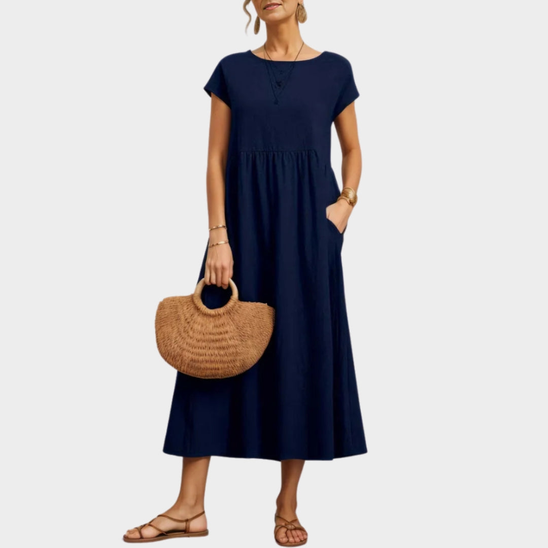 Women's Long Cotton-Linen Dress O-Neck Relaxed Fit Vintage Sun Dress - Multiple Colors
