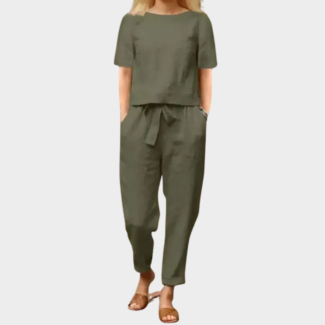 Women’s Cotton Linen Two-Piece Set – Half Sleeve O-Neck Top and Bell Bottom Trousers – Vintage Relaxed Fit – Soft Lightweight Fabric – Multiple Colours