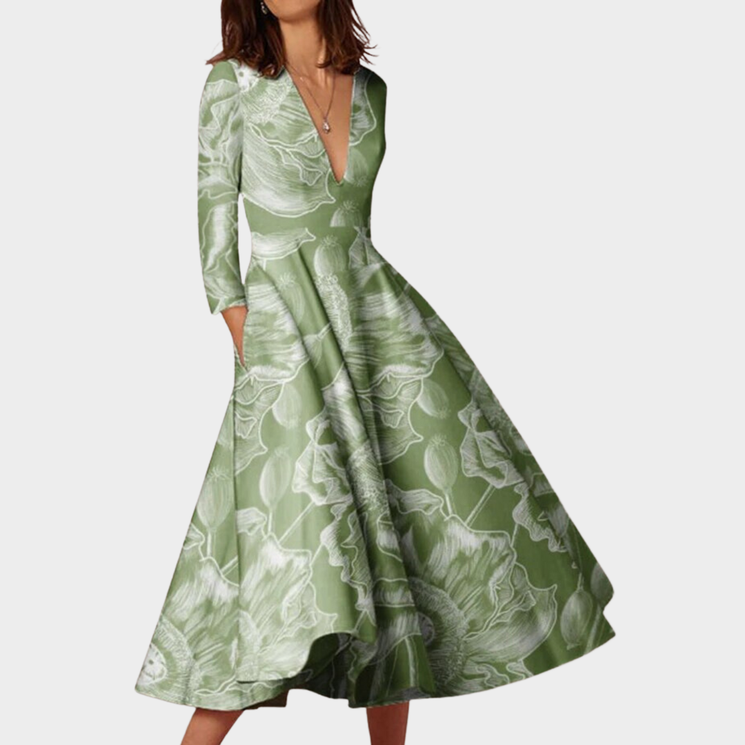 Women's Vintage Geometric Print Dress – Long Sleeve – V-Neck – High Waist – Multiple Colours