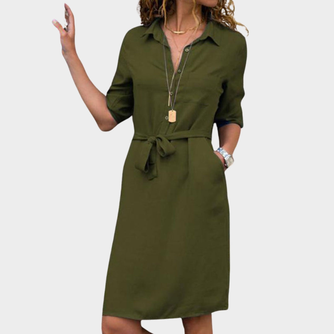 Women's Knee-Length Shirt Dress – Turn-Down Collar & Belted Waist – Multiple Colours