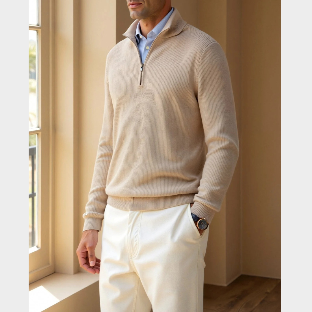 Men Classic Quarter Zip Wool Sweater – High Collar Knitted Pullover – Warm Regular Fit – Multiple Colours