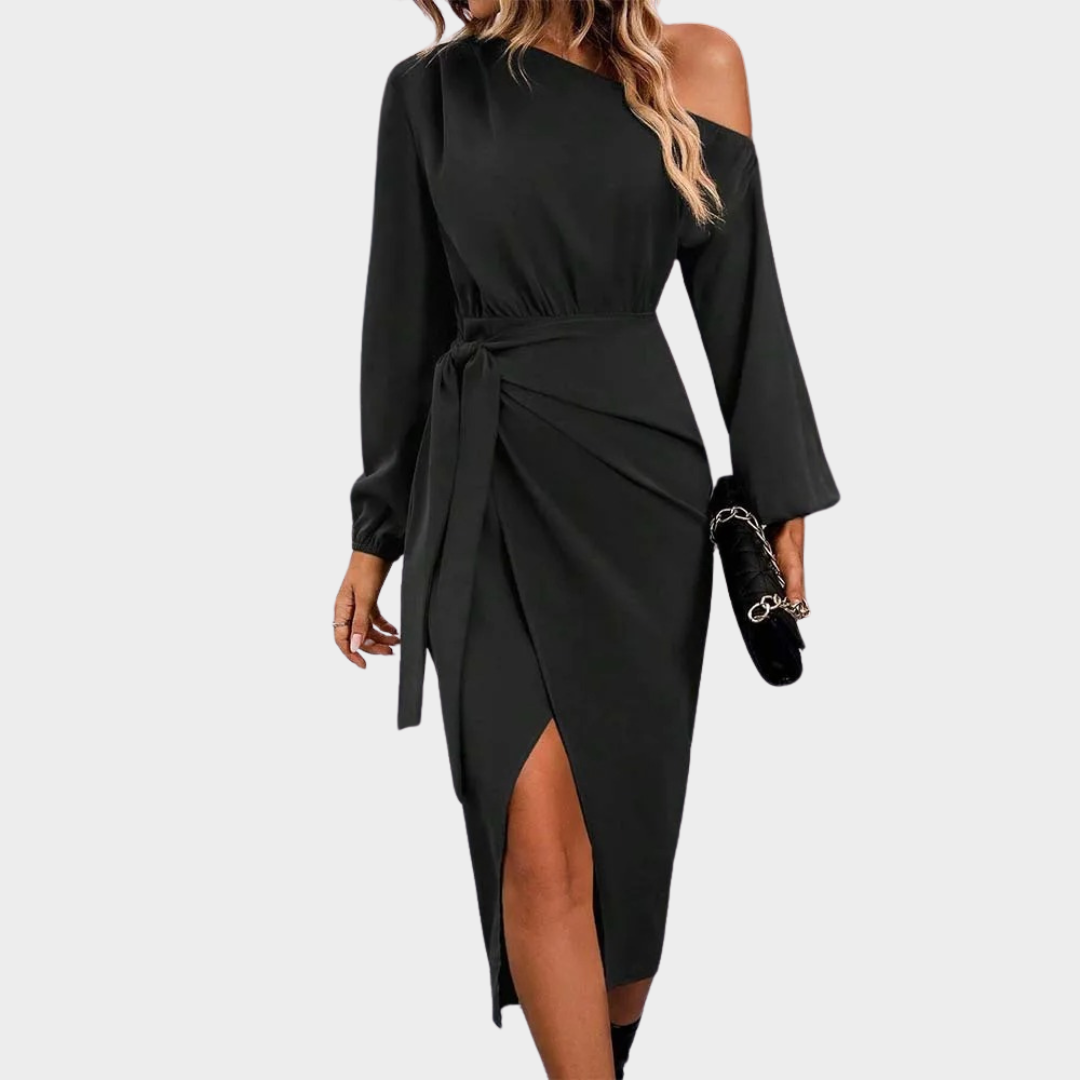 Women’s Off-Shoulder Slit Dress – Slant Neck Long Sleeve Elegant Dress – Fitted Waist – Black