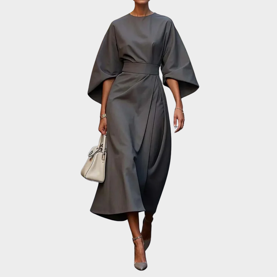 Women’s Mid-Calf Dress – Slim Fit with Ruffled Hem – Elegant Batwing Sleeves – Lightweight O-Neck Design – Multiple Colours