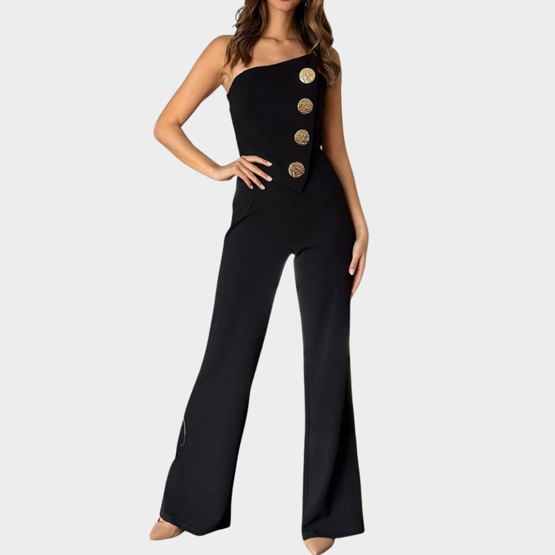 Women Strapless Flared Jumpsuit – Tailored Fit – Decorative Buttons – Smooth Blend – Multiple Colours