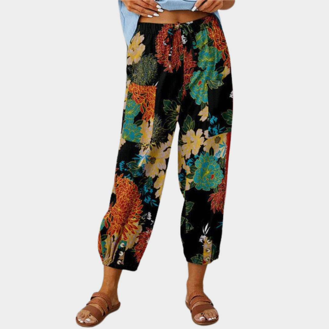 Women's High Waist Cropped Trousers – Retro Print – Loose Fit – Drawstring Waist – Multiple Colours