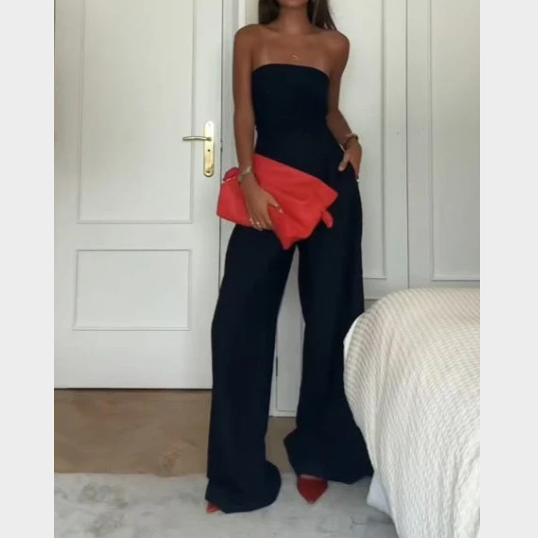 Women’s Strapless Jumpsuit – Elegant Wide Leg One-Piece with Off Shoulder Fit and Waist Cinching Design – Multiple Colours