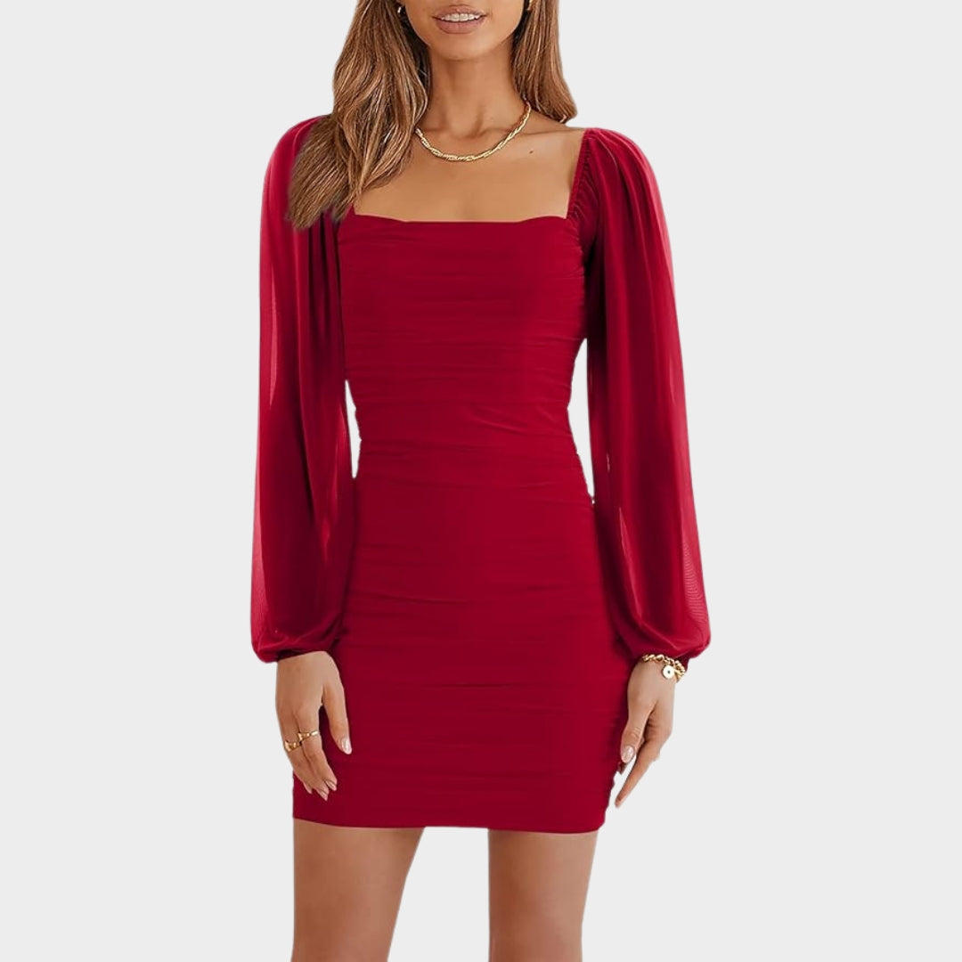 Women's Bodycon Mini Dress - Mesh Long Sleeve - Square Neck - Ruched Party Cocktail Dress - Multiple Colours