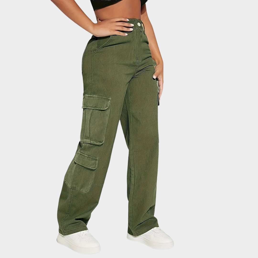 Women's Cargo Jeans – Loose Fit – Straight Leg – Non-Stretch Denim – Flap Pocket Design – Army Green