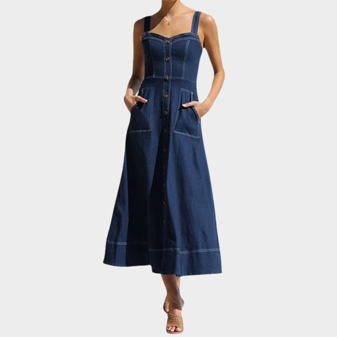 Women’s Sleeveless Button Denim Dress – Casual Distressed Suspender Dress – Adjustable Straps – Blue
