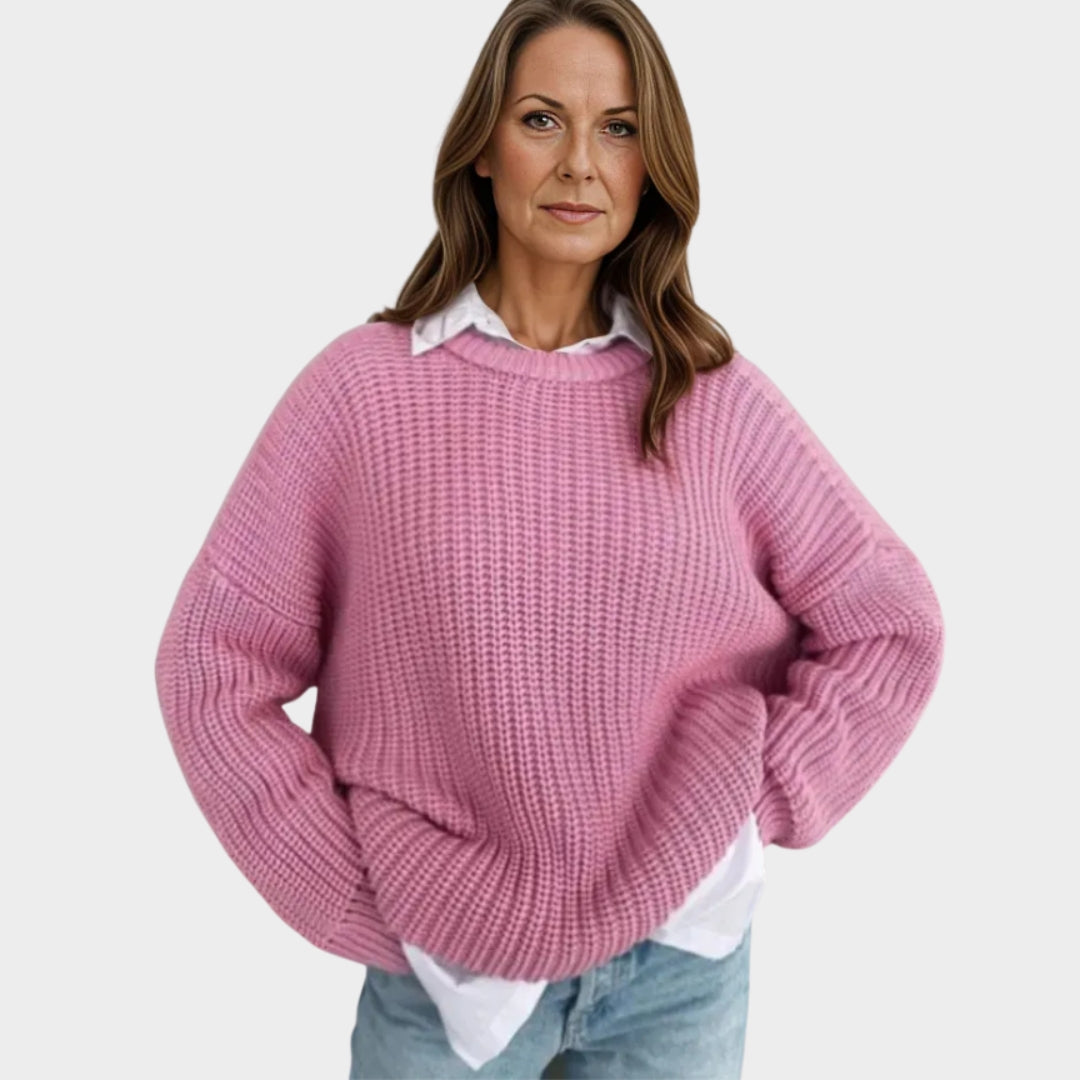 Elegant Women’s Knitted Sweater – Round Neckline, Long Sleeves, Pink, Green, Comfortable Fit