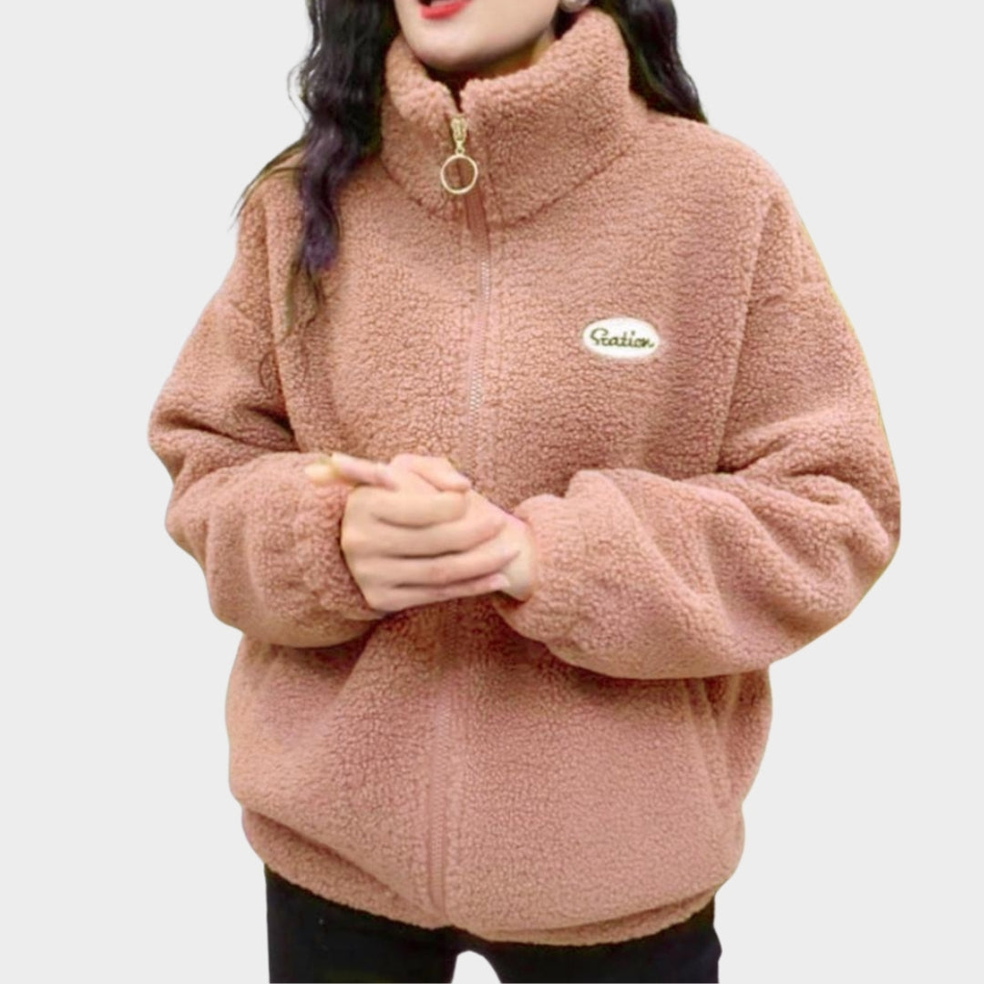 Women’s Lightweight Fleece Fluffy Coat – Streetwear Harajuku Zipper Jacket, Brown, Beige, Khaki