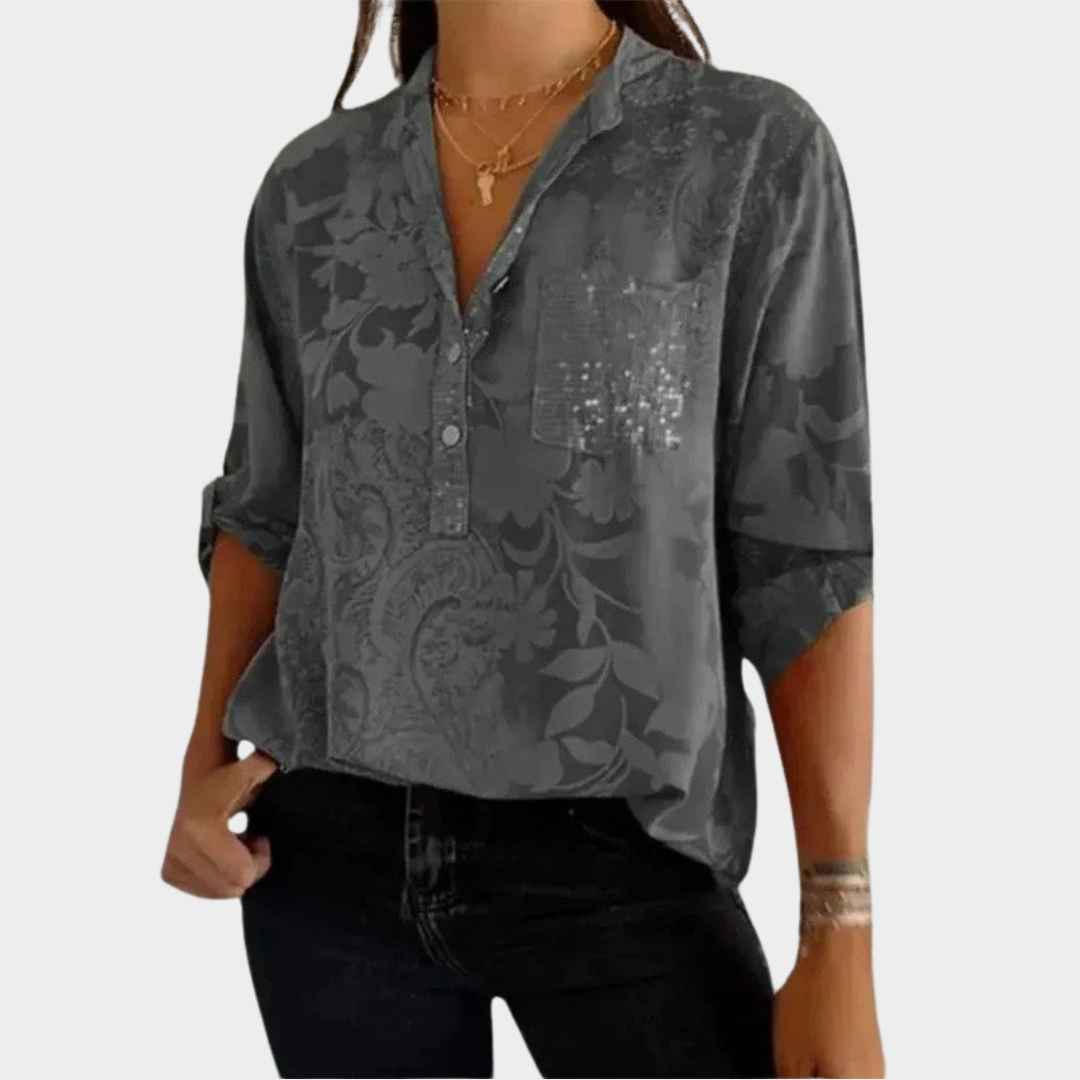 Women’s Relaxed Fit Tunic Blouse – Long Sleeve Floral Print Top with Sequin Detail – Luxury Fabric – Multiple Colours