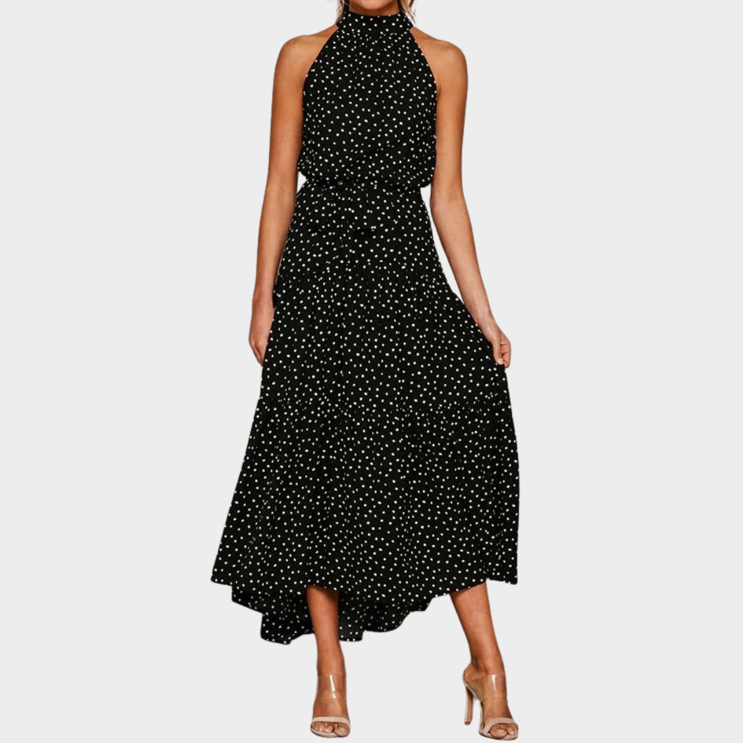 Women Halter Neck Long Dress – Polka Dot Belted Fit Flowy Silhouette – Multiple Colours