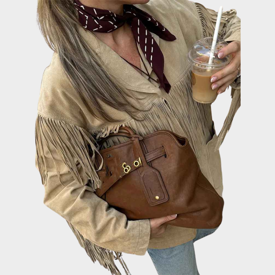 Women's Suede Jacket - Loose Fit Patchwork Coat - Flip Collar - Button Front - Tassel Detail - Khaki