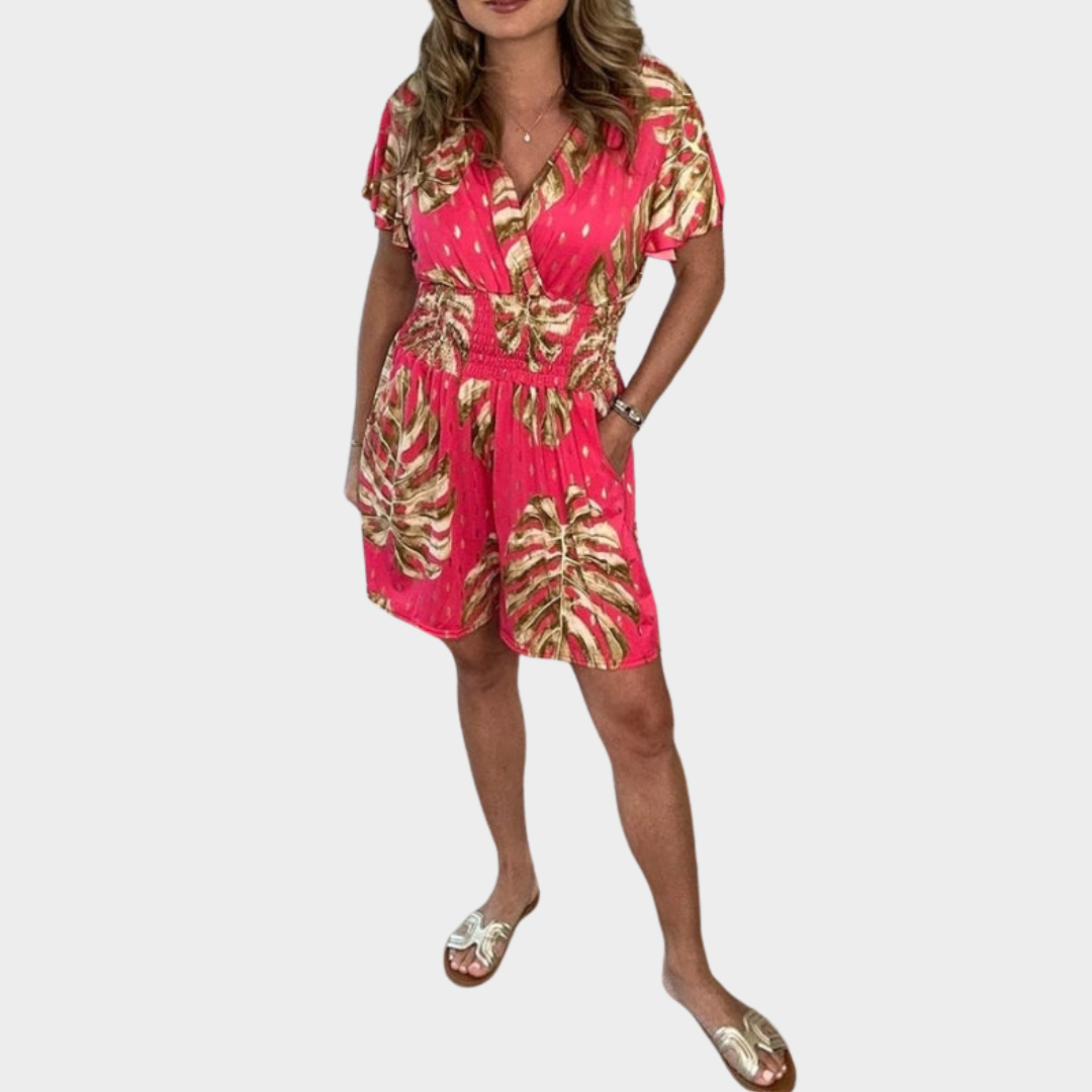 Women's Casual Jumpsuit – V-Neck Short Sleeve High Waist Fit – Leaf Pattern – Multiple Colours