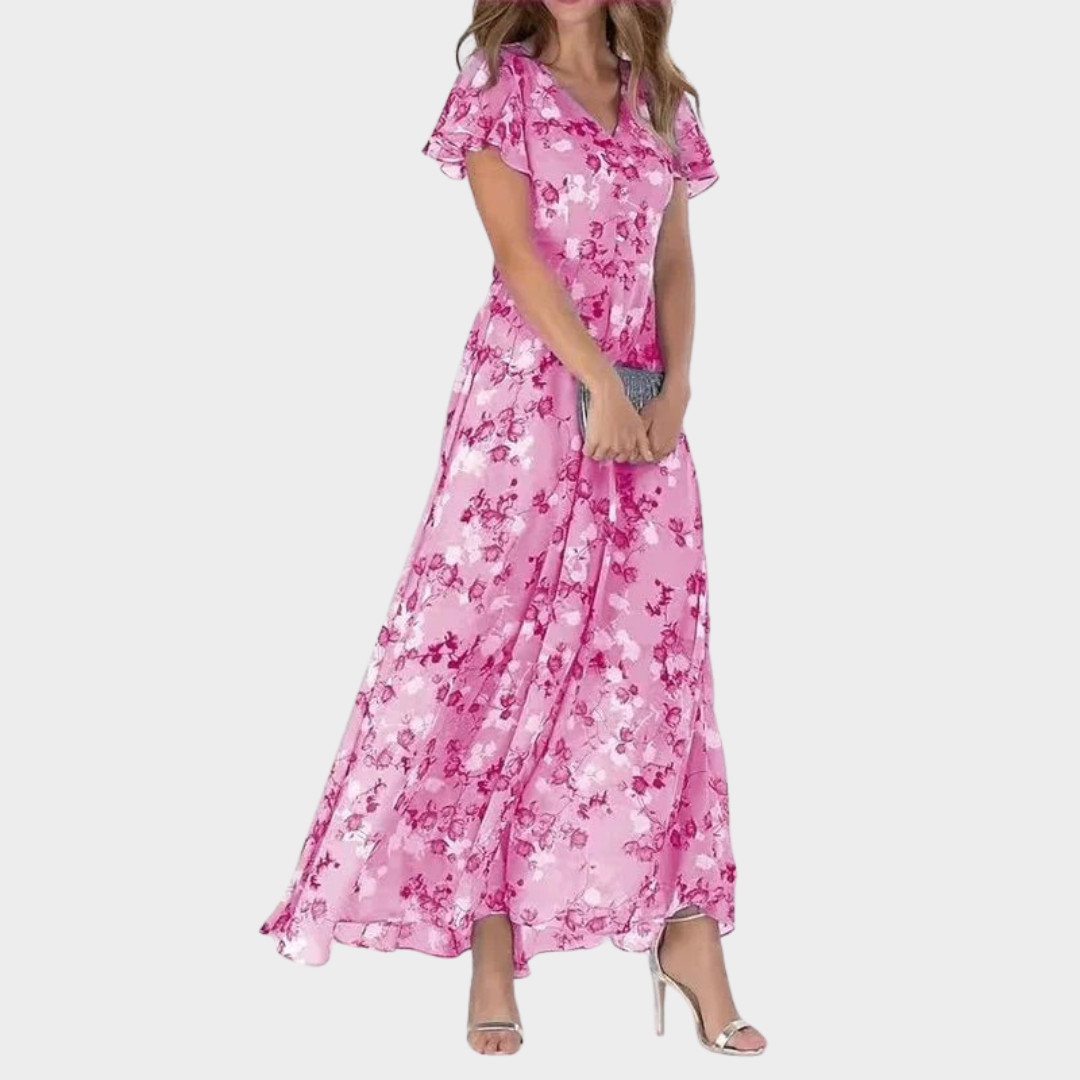 Women’s Elegant V-Neck Maxi Dress – Floral Print Chiffon Long Fit – Casual Beach Party Style – Multiple Colours