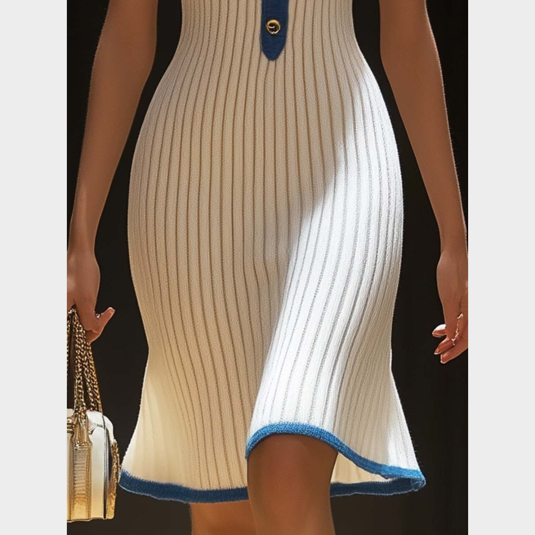 Women’s Elegant Fishtail Midi Dress – Knitted Slim Fit with V-Neckline and Flared Hem – White
