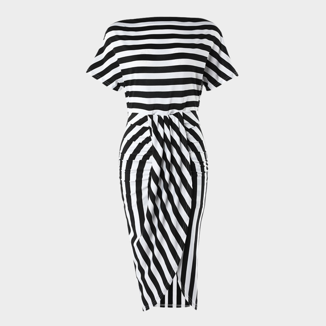 Women's Slant Collar Print Dress – Short Sleeve – Irregular Hem – Slim Fit – Multiple Colours