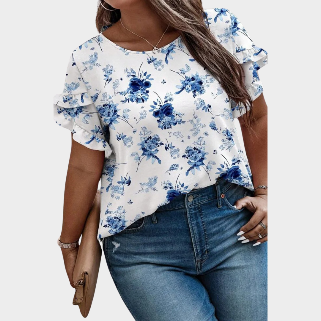 Women's Floral Ruffle Sleeve Blouse – Short Sleeve Round Neck – Elegant Relaxed Fit Cotton-Polyester Blend – Multiple Colours