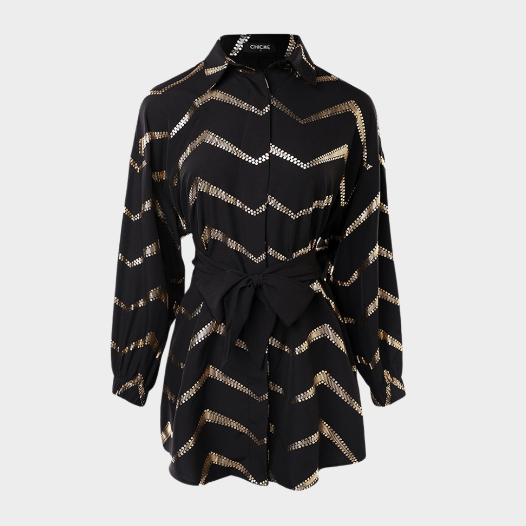 Women's Long-Sleeved Mini Shirt Dress – A-Line Fit – High Waist – Button-Up Lapel – Black