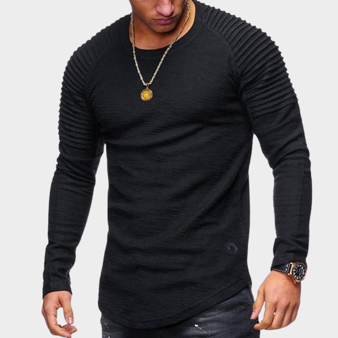 Men's Slim Fit Long Sleeve T-Shirt – Round Neck – Shoulder Pleated Design – Multiple Colours