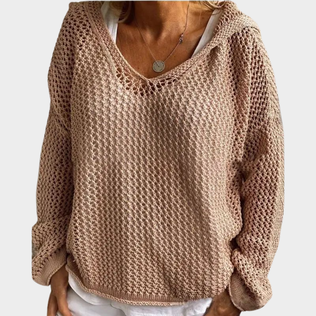 Women's V-Neck Hooded Pullover Sweater – Hollow Out Design – Long Sleeve – Lightweight & Comfortable – Multiple Colours