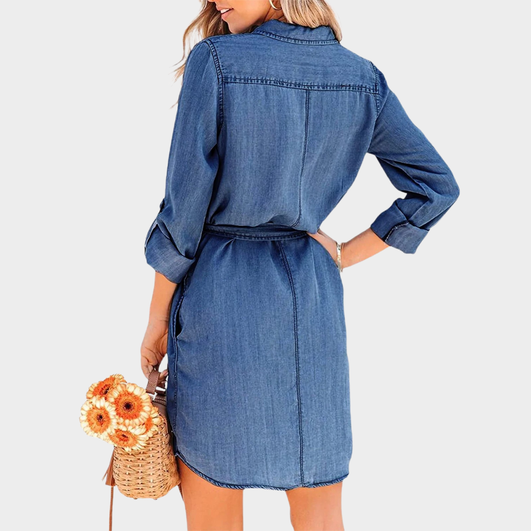 Women’s Long Sleeve Denim Shirt Dress – Button-Down Lapel Design with Belted Waist – Solid Colour Cotton Blend – Multiple Colours