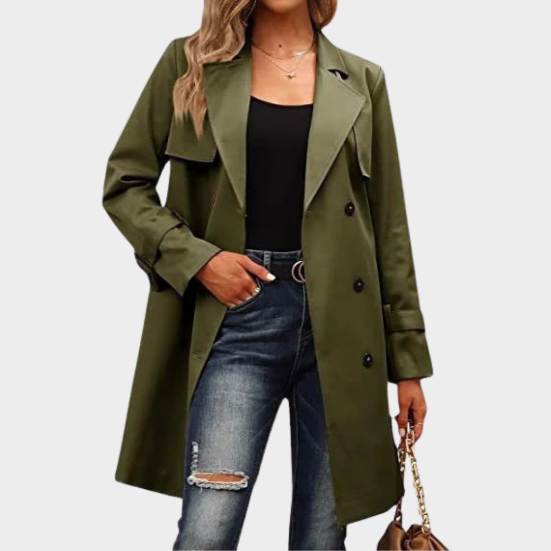 Women Double Breasted Trench Coat – Long Casual Jacket with Solid Colour Design Slim Fit Outwear – Multiple Colours