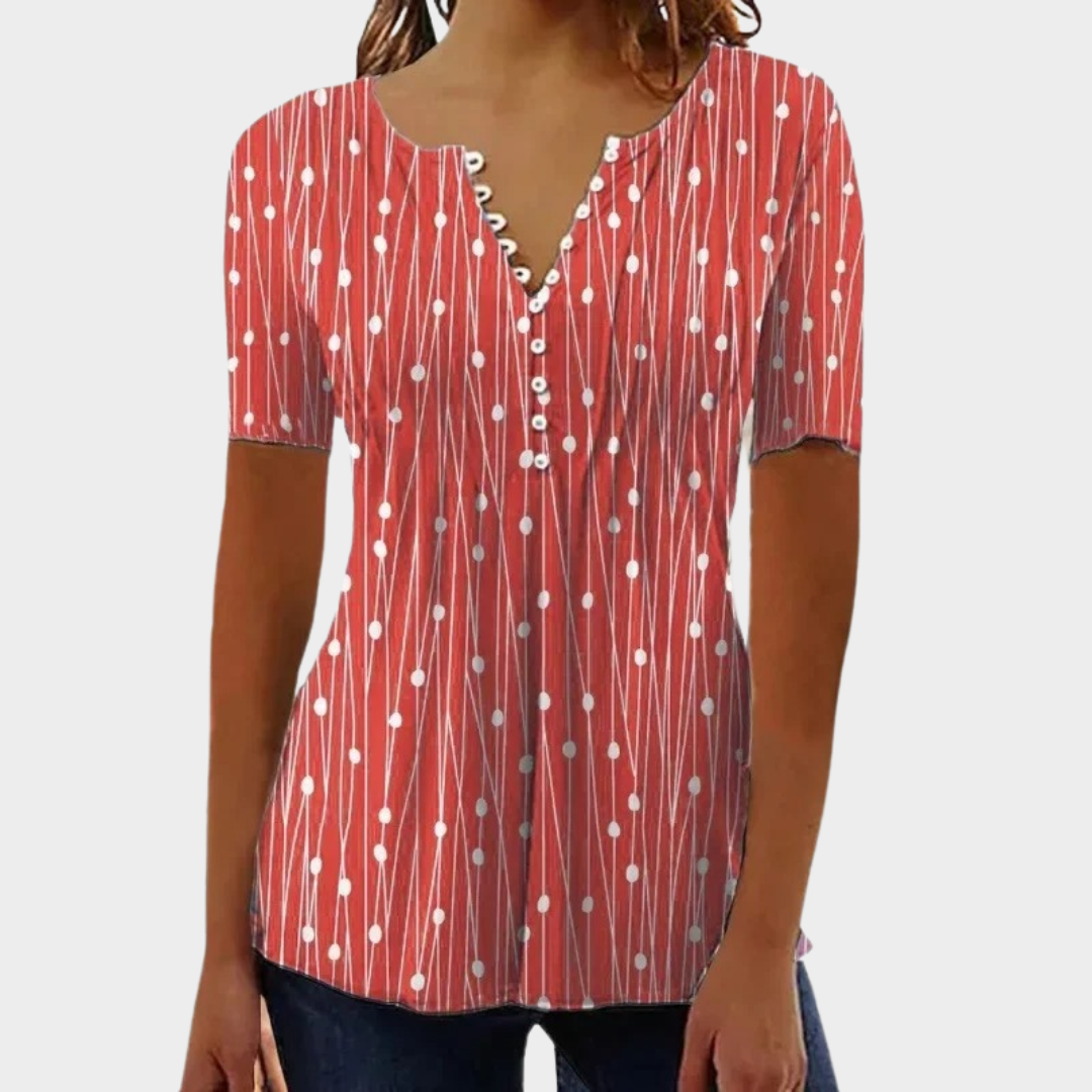 Women’s Polka Dot V-Neck Blouse – Short Sleeve Relaxed Fit Top – Lightweight Cotton-Polyester – Multiple Colours